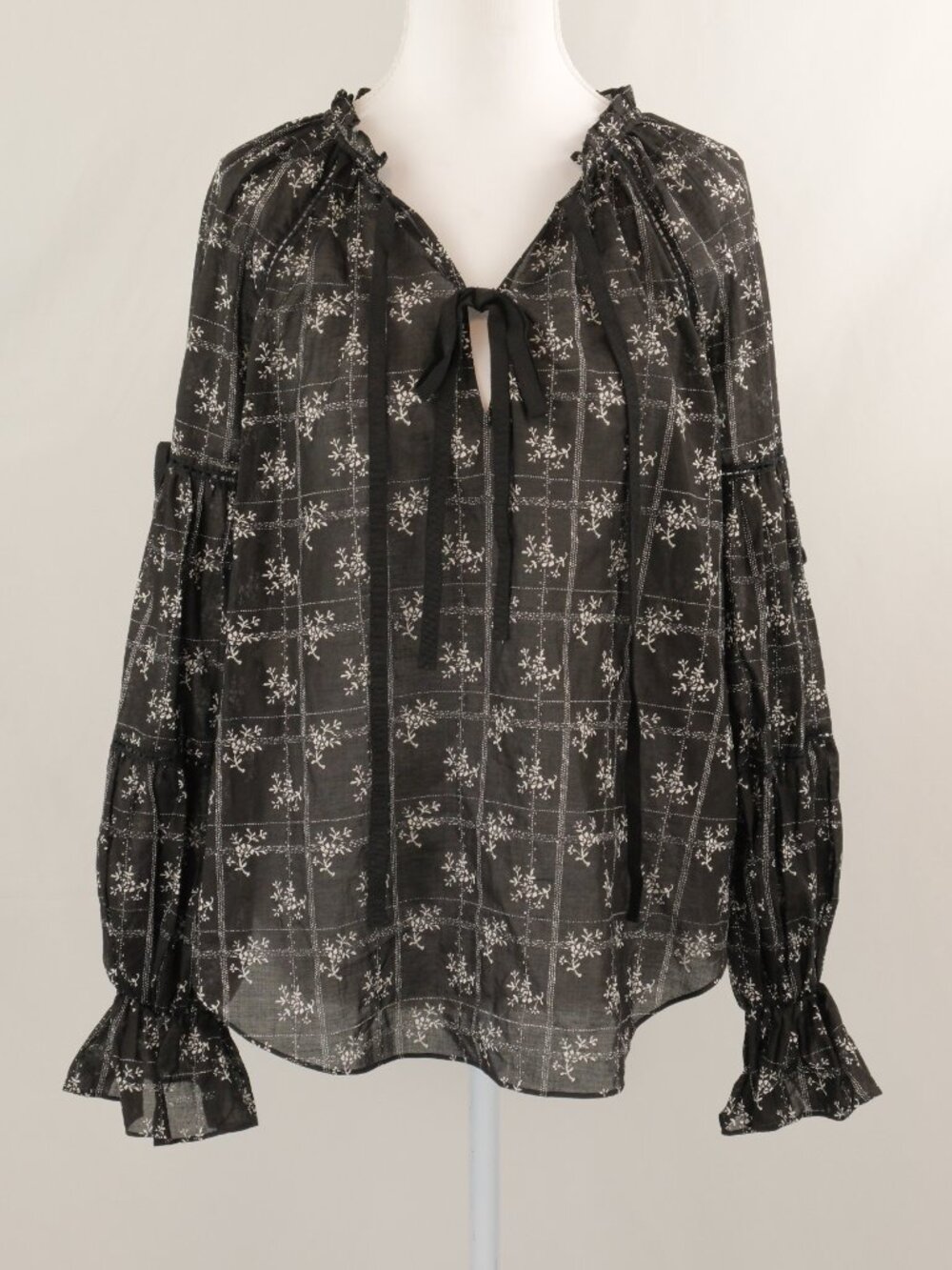 Cinq a Sept Romy Wildflower Print Double Tie Neck Blouse Top, Black White, Small